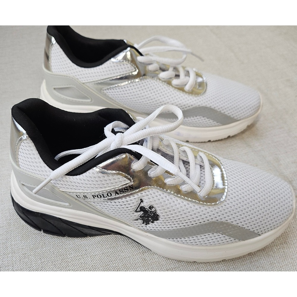 US Polo Assn White Silver Metallic Mesh Sneakers Athletic NW11786 Womens 6.5M - Picture 3 of 10